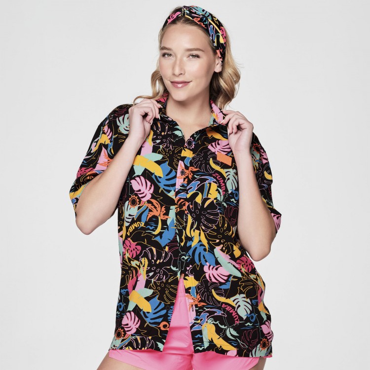 Zumba Palm Party Short Sleeve Button Up